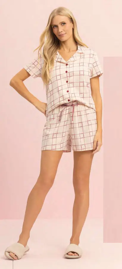 Short Doll Manga Curta Aberto coleção Xadrez do Amor — pijama feminino Lua Encantada Verão 2027, ref. 11280109