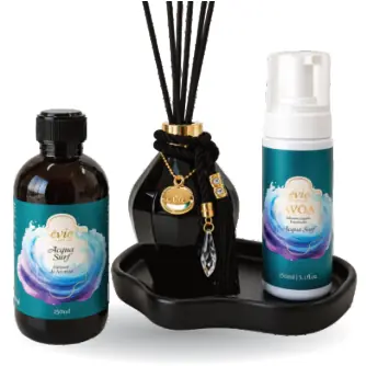 Kit refil Acqua Surf 250ml + frasco difusor Preto Brilhoso 250ml + sabonete espumador 150ml + bandeja de cerâmica — Êvie D’Parfum
