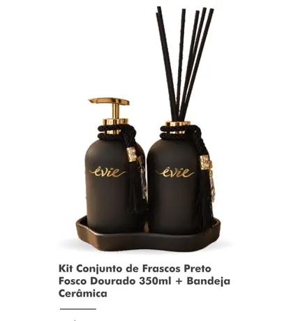 Kit conjunto de frascos Preto Fosco Dourado 350ml + bandeja cerâmica — Êvie D’Parfum